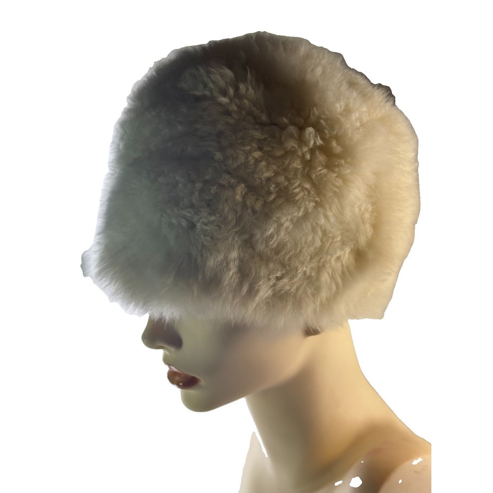 Vintage Handmade Peru Genuine Alpaca Fur Cossack Round Winter Hat White